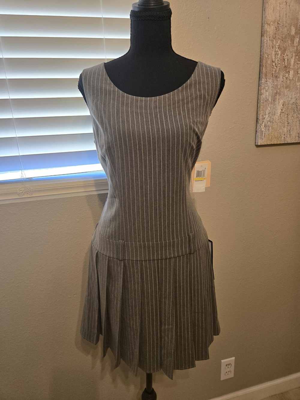 City Studio Gray Pinstripe Sleeveless Pleated Drop-Waist Dress